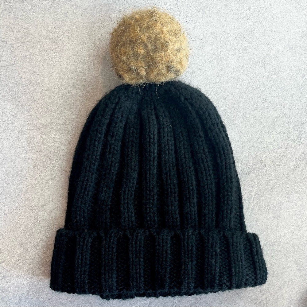Pom Pom black beanie snow hat winter fall fashion crochet
